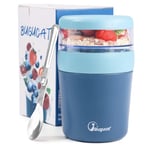 Bugucat Pot à Déjeuner, Bol Céréales à Emporter 500ML+150ML, Bocaux D'avoine de Nuit avec Cuillère, Plastique Porte Boite Yaourt, Antifuite Pot à Yaourt, Muesli a Emporter pour Lait Fruits, Bleu