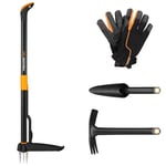 Fiskars Set d'outils de jardinage , 4 pièces, désherbeur Xact, acier inoxydable/plastique, Serfouette et Déplantoir Solid, FiberComp, gants de travail pour le jardin, taille : 10, noir/orange, 1077308