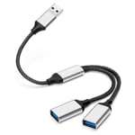 Câble répartiteur USB, adaptateur répartiteur USB A 1 entrée 2 sorties, hub double port pour transfert de données/chargement, rallonge supplémentaire pour voiture/ordinateur portable/Mac/PC (argent)