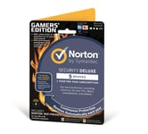 SYMANTEC Norton Security Deluxe Gamer-Edition + Wi-Fi Privacy (VPN)  Antivirus Software 2018  Deluxe 5 enheter  VPN 1 enhet  1 bruker  12 mnd