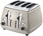 De'Longhi Icona Vintage 4 slot toaster, reheat, defrost, one-side bagel & 6 browning settings, CTOV4003BG, Beige