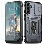 YmhxcY For Samsung Galaxy A34 5G Case, With 2*PET Screen Protector, With Slide Camera Cover，Military Grade Protective Case,360° Rotate Metal Stand For Samsung Galaxy A34 5G-Black