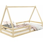 Lit cabane sila 90x200 cm, lit simple enfant 1 place type Montessori, en pin massif finition naturelle - Naturel