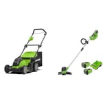 Greenworks G40LM41 Cordless Lawnmower for Lawns up to 500m², 41cm Cutting Width, 50L Bag WITHOUT 40V & 40V Cordless Strimmer for Medium Gardens, Adjustable Height, 30cm Cutting Width