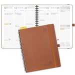 POPRUN Agenda 2025 Semainier 26,5 x 21,5 cm D'août 2024 à déc 2025, Planner Vertical Scolaire 17 Mois avec Couverture Souple Spirale, Règle et signet, Papier Certifié FSC®80 g/m² - Marron