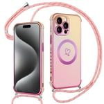 Kokio Coque avec Cordon pour iPhone 15 Pro Max, Magnétique Etui Housse avec Motif Coeur d'amour, Compatible avec MagSafe, Réglable Lanyard Collier Housse pour iPhone 15Pro Max, Bandoulière(Rose)