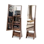 COSTWAY Armoire à bijoux avec miroir, éclairage, armoire à bijoux avec tiroirs et étagère pliable, idéale pour le maquillage (marron)