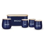 Tower T826212MNB 5 Piece Storage Set with Bread Bin, Biscuit Tin and 3 Storage Canisters, Stainless Steel with Airtight Mango Wood Lids, Midnight Blue