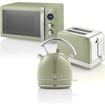 STRP2070GNEU Retro Set Petit-Déjeuner Bouilloire 1,8L Grille-Pain 2 Tranches Micro-ondes 20L 850W Vert - Swan