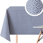 Unique Fabric Table Cloth Look And Feel - PVC Wipe Clean Vinyl Tablecloth - 200x140cm 98x55in For Rectangular Tables Up To 8 Seats - Water Resistant Retro Flower Design In Faded Navy Royal Blue