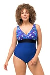 Ulla Popken Femme Grandes Tailles Maillot de Bain avec Bonnets Souples, Buste imprimé « Fond de l'océan » et Rayures Bleu Fort 62 826634763-60