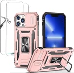 Antichoc Coque Para Iphone 12 Pro Max 6.7',Tpu+Pc Housse Protection De Qualité Militaire Avec Lentille Coulissante Couverture/2* Verre Trempé,Compatible Support De Voiture Magnétique-Or Rose