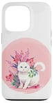 Coque pour iPhone 13 Pro Chat blanc mignon, fond rose, art floral