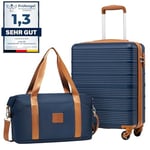 COOLIFE Set de 2 pièces easyJet Valise Cabine 55x40x20 ABS Valises et 1 Bagage Cabine Leger a 4 Roues,Serrure TSA (Bleu Marron, 55×40×20 Set de Valises)