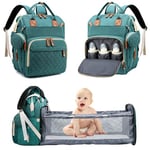 Fexkean Sac à Dos à Langer pour Bébé, Sac à Dos Pour lit bébé, Sac à langer de voyage portable avec lit pliable Grande Capacité Sac à Couches Multifonction Imperméable-(Green)