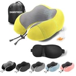 DAWNTREES Yellow Travel Pillow Neck Support,Pure Memory Foam Neck Pillows for Travel Airplane, Business Trip with Luxury Bag, Travel Kit with 3D Contoured Eye Masks, Earplugs.………