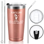 Livole Auntie Birthday Gifts, Christmas Gifts for Auntie, Awesome Aunt Gifts from Niece and Nephew, 20oz Double Wall Vacuum Insulated Stemless Wine Tumbler with Straw and Lid, Coffee Mug, Rose Gold