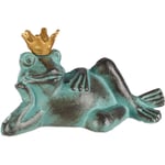 Relaxdays Statue de jardin Reine Grenouille allongée couronne dorée sculpture figurine de jardin déco fonte fer S, vert