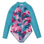 Regatta Girls Tropical Leaves Long-Sleeved One Piece Swimsuit (Tahoe Blue/Tropical) - Blue/Pink material_Synthetic - Size 3-4Y