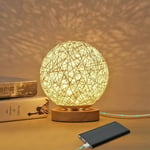 Rotin Lumière de Nuit, Lampe de table en bois avec abat-jour tissé à la main, usb rechargeable, Lampe d'Ambiance de Chambre en Rotin et Bois pour