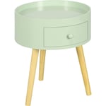 Chevet table de nuit ronde design scandinave tiroir bicolore pieds effilés inclinés bois massif chêne clair vert