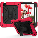 Coque Compatible avec iPad Air 5/4ème génération 2022/2020 10,9", Coque Antichoc avec Porte-Stylo - Bandoulière rotative à 360° (Rouge+Noir)