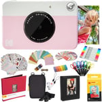 KODAK Printomatic Instant Camera (Pink) All-In-Bundle + Zink Paper (20 Sheets) + Case + Photo Album + 7 Sticker Sets + Markers + Scissors