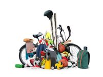 Sports equipment has fallen down in a heap