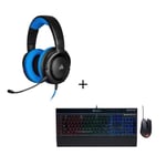 CORSAIR HS35 Casque de gamer STÉRÉO Bleu + Pack Gamer Clavier AZERTY K55 Souris HARPOON RGB