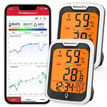 ThermoPro TP358 Hygromètre Bluetooth Thermomètre Intérieur avec Horloge Intégrée, Capteur Fabriqué en Suisse, Thermometre Connecté avec Alerte de Notification, 2 Pièces