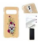 Coque Galaxy S10E glitter paillettes dore Mort calavera fleur mexicaine