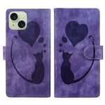 For iPhone 15 Plus Pen Heart Cat Embossed Leather Phone Case(Purple)