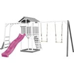 AXI - Beach Tower Aire de Jeux avec Toboggan en Violet, Cadre d'escalade, 2 Balançoires & Bac à Sable Grande Maison Enfant extérieur en Gris & Blanc