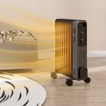 Oil Filled Radiator 9 Fin Portable Heater w/ Wheels and 3 Heat Settings, Grey