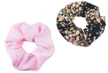 Soft Light Fabric Hair Scrunchies Set of 2 Floral Print & Plain Pink Scrunchy