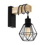 EGLO Applique murale intérieure Townshend 5, luminaire d’intérieur au design vintage et industriel, lampe retro en acier noir et bois, certifié FSC, douille E27