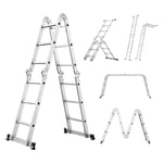 Miscoos 6-in-1 Multi-Purpose Ladder, 3.6 m Folding Aluminium Ladder, 4 x 3 Joint Ladders with 12 Steps, Non-Slip, Stable and Robust, Maximum Load 150 kg