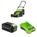 Greenworks Tondeuse à Gazon sans Fil, Largeur de Coupe de 41 cm sans Batterie 40V Ni Chargeur G40LM41 + Greenworks Batterie 40V 5Ah-G40B5 + Greenworks 40V 2A Chargeur de Batterie G40C