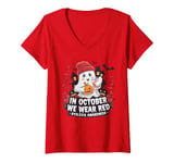 Womens October Red: Ghost and Ribbon for Dyslexia Awareness V-Neck T-Shirt