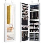 COSTWAY Armoire à Bijoux Murale avec 5 Lumières LED, Range-Bijoux avec Miroir, 6 Tiroirs et Divers Espaces de Rangement, Installable sur Mur ou Porte, 36,5 x 11,5 x 120 cm, Blanc