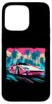 Coque pour iPhone 15 Pro Max Voiture de sport rose palmiers bleus et ciel rose et bleu