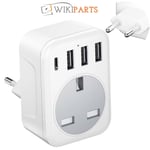 New UK to EU Euro Europe Plug Adapter European Travel Adapter 3 USB & Type C