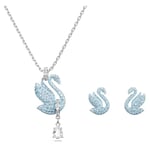 Swarovski Parure Iconic Swan composée de clous d'oreilles et d'un collier, habillés de cygnes au pavage de cristaux bleus, en métal rhodié