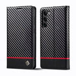 ZTOFERA Flip Wallet Case for Samsung Galaxy S23 5G, Premium PU Leather Carbon Fiber Folio Case with Card Holder Magnetic Closure Stand View Protective Phone Cover, Horizontal Red Line