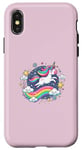 Coque pour iPhone X/XS Licorne ludique volant à travers le ciel étoilé avec arc-en-ciel