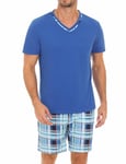 Demegimi Pyjama Homme Été Pyjama Homme Coton Court Ensembles de Pyjama Ete Chemise col V Manches Courtes Pijamas Ensemble Pyjama Estival(Bleu Foncé+Bleu Clair,S)