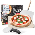 Pizza Stone for Oven & Grill with Peel and Cutter | Focaccia Bread Cooking Set | Baking Kit & Recipe Book, Paddle | Platter for Gas & Charcoal BBQ Accessory | Bake Pastries, Tarts Calzone & Pitas