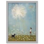 Chasing the Giant Dandelion Dream Artwork Giant Wish Oil Painting Kids Bedroom Child and Pet Dog in Daisy Field Artwork Framed A3 Wall Art Print