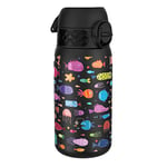 Ion8 Insulated Steel Water Bottle, 320 ml/11 oz, Leak Proof, Easy to Open, Secure Lock, Dishwasher Safe, Carry Handle, Flip Cover, Metal Water Bottle, Raised Print, Stainless Steel, Free Fish Design