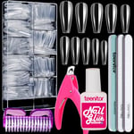 Clear Fake Coffin Nail Tips, Teenitor Long Acrylic Full Cover Nail Tip Press On Nails, 600pcs Ballerina False Nails Nail Glue, Nail Files And Buffer Polisher Nail Brush, Nail Clipper Set for Beginners